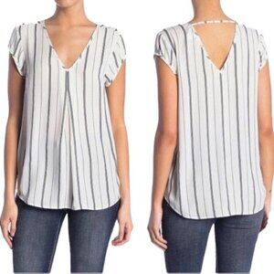 ❤️ 🆕 HALOGEN Striped Double V Neck Short Sleeve Blouse Top Size XS